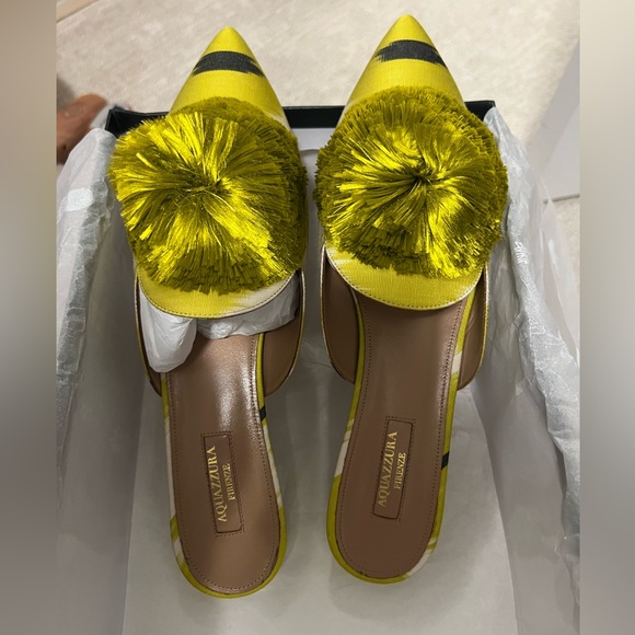 Size 41 - Aquazzura Powder Puff Pompom Lime Green/Yellow Mules - Picture 4 of 16